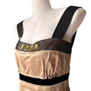 Elie Tahari Silk Embellished Champagne/ Gold Color Top W/ Black Velvet & Lace M